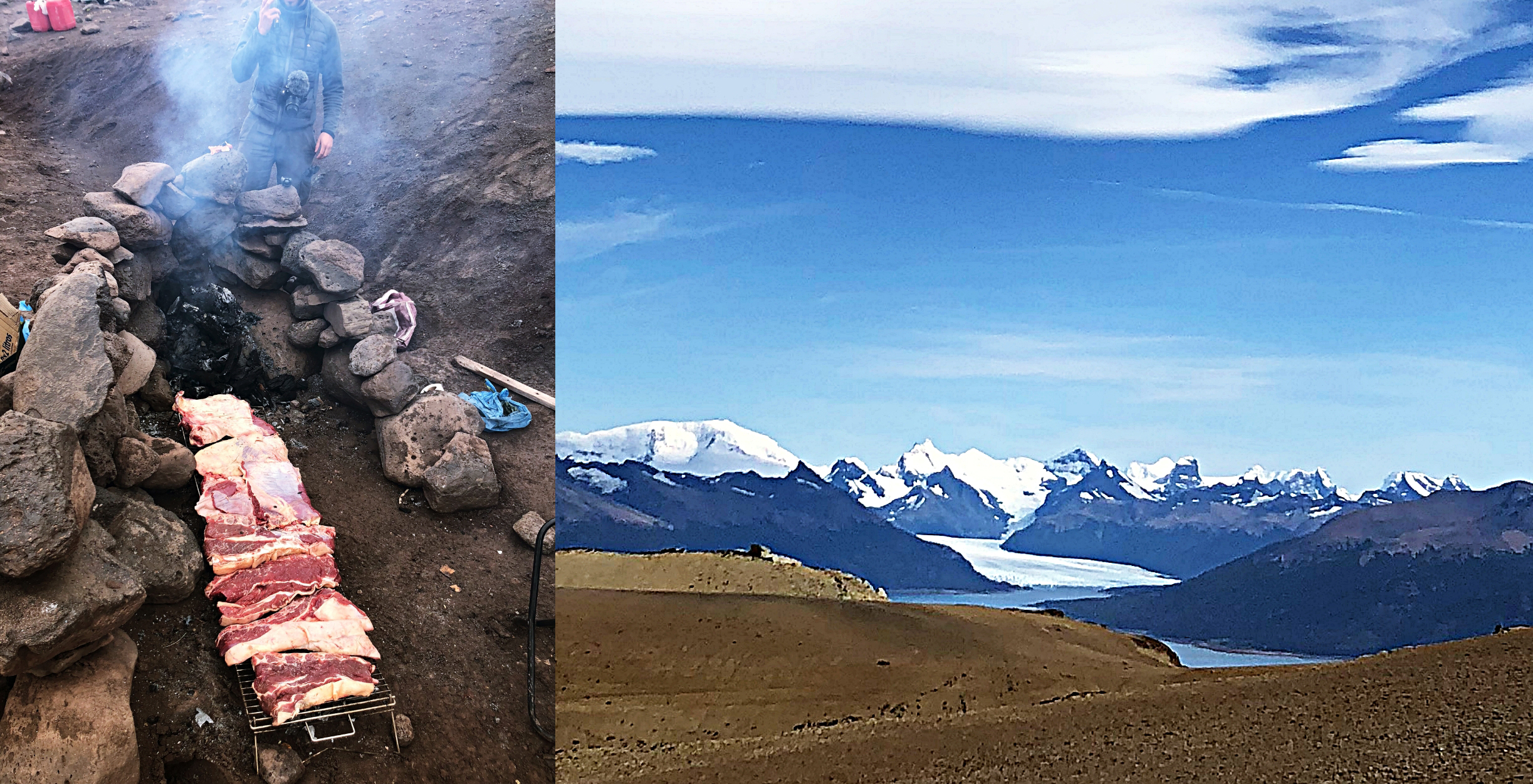 パタゴニアでの野外調査中振る舞われたアサード（グリル前）と雄大な氷河