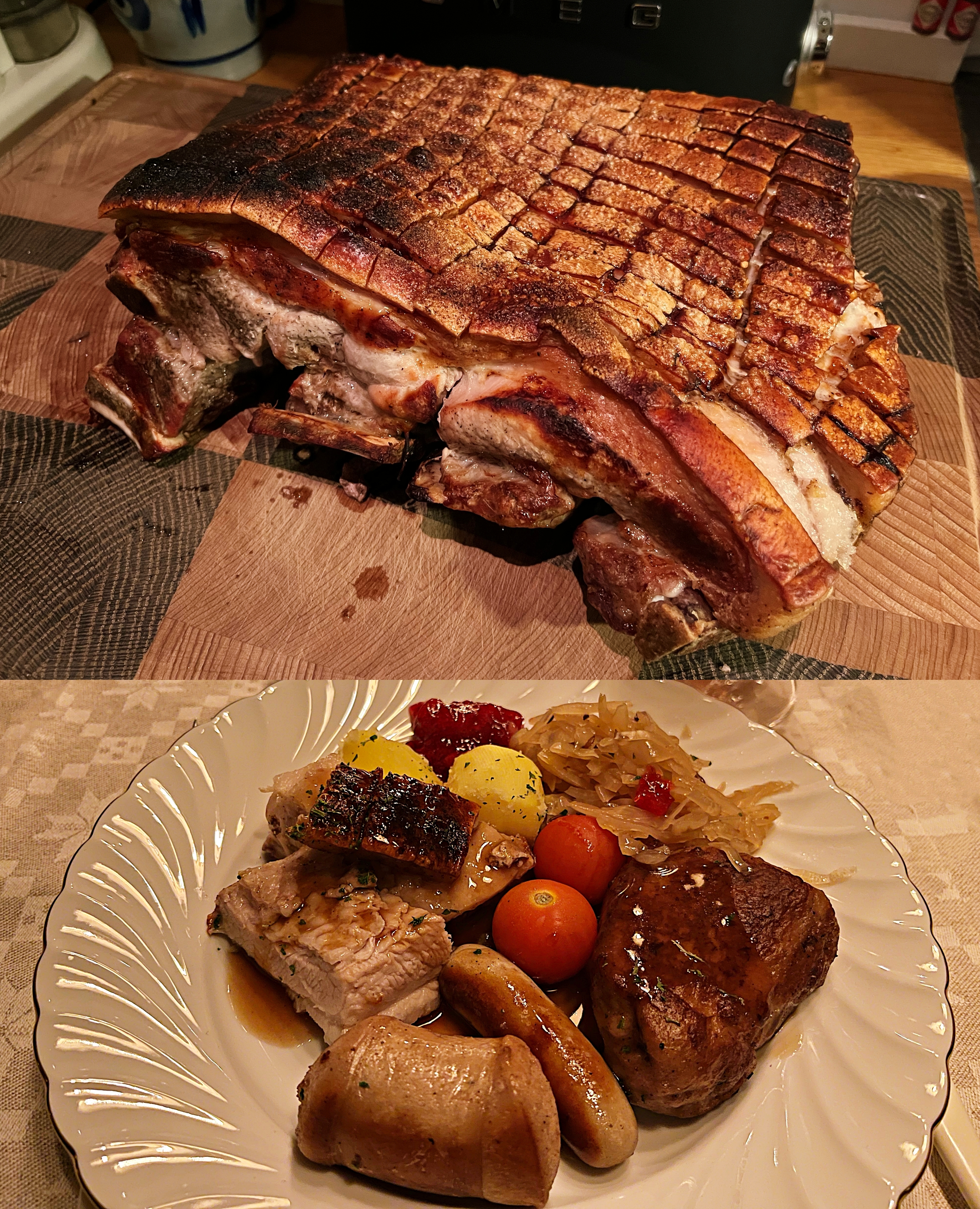 上：オーブンから出された直後のリッベ　下：迫力の肉トリオ＝オスロ近郊で2021年12月、筆者撮影