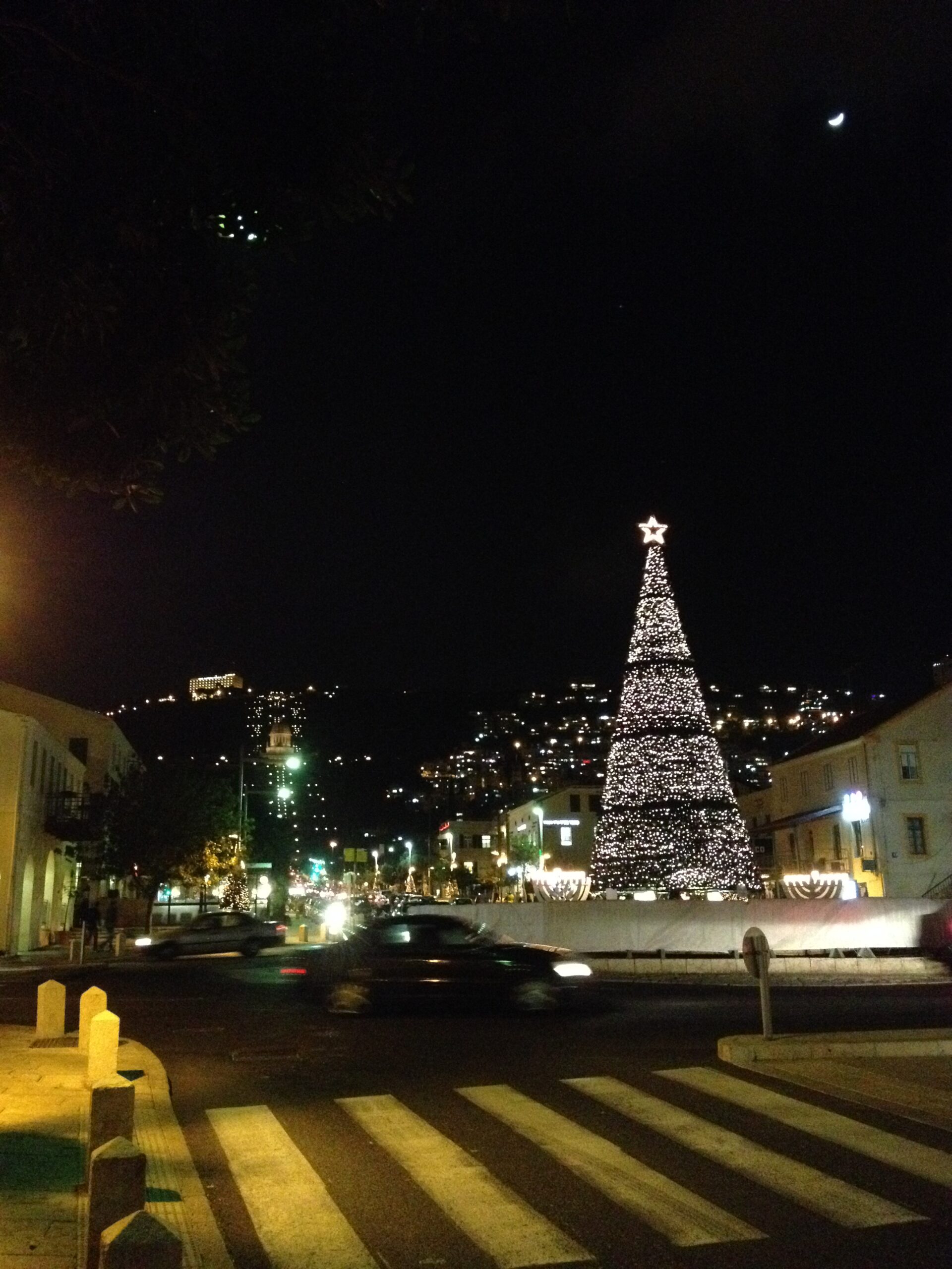 クリスマスツリーの電飾が輝くハイファの夜。2013年1月撮影。